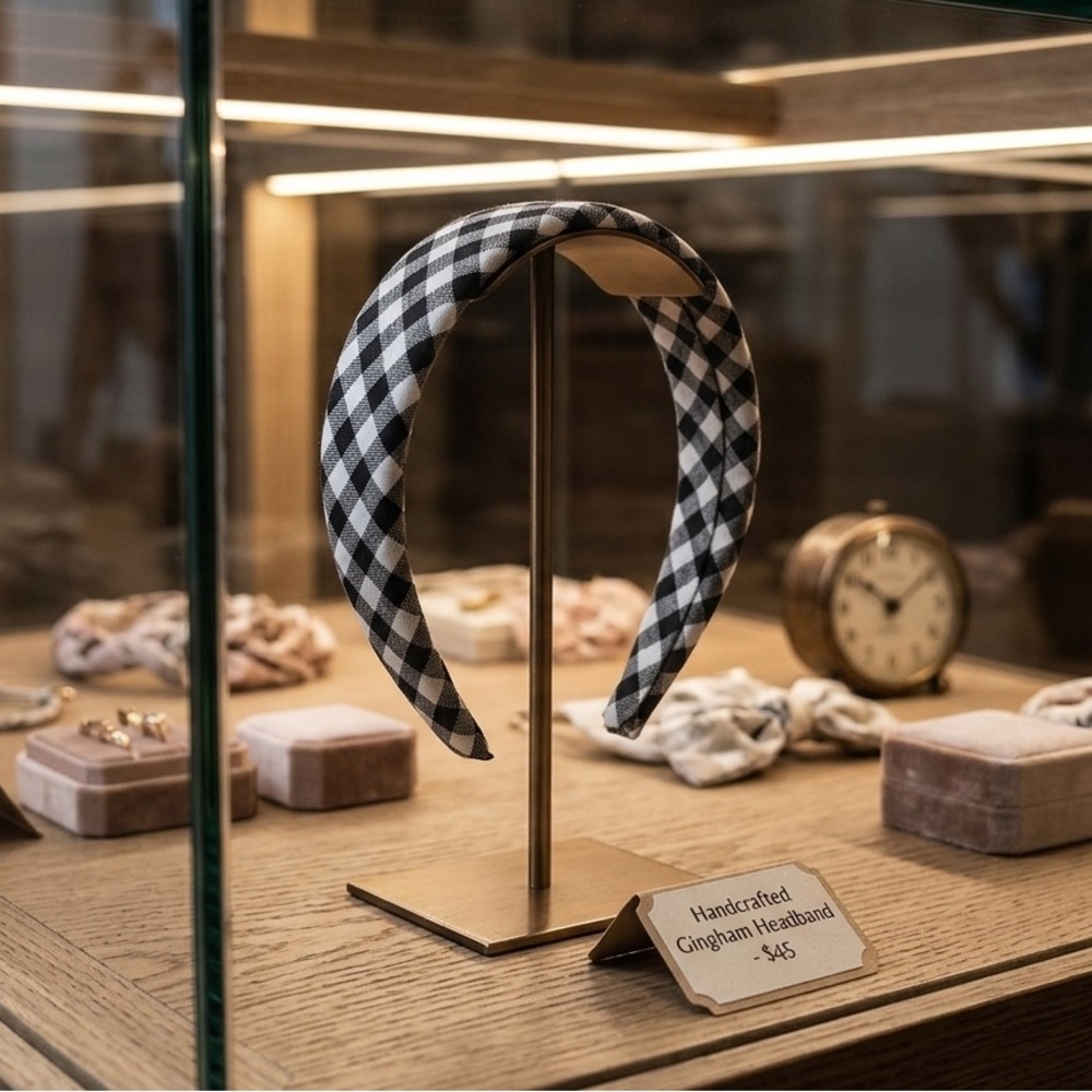Handcrafted Black & White Gingham Plaid Fabric Headband